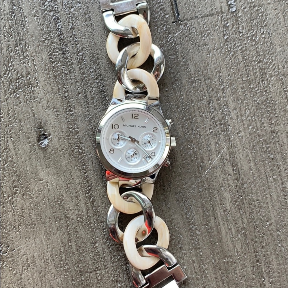 Michael Kors Silver and Pearl Marble Chain Watch